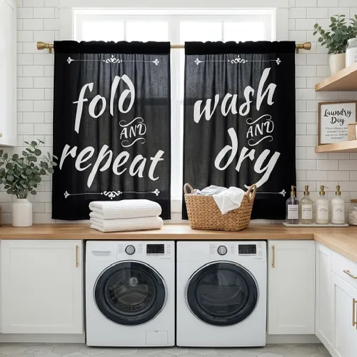 Vista 15 de zokyer Cortinas de cocina en blanco y negro con frases de lavado con palabras impresas en seco, divertidas, simples, pequeñas, cortas, 27.5 pulgadas