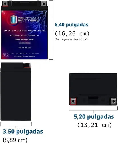 Vista 2 de Mighty Max Battery Batería YTX14AH 12V 12AH para Yamaha 350 YFM35F, U Big Bear '87-'99