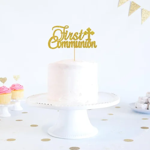 Vista 4 de Decoración de pastel de primera comunión con purpurina dorada – Decoración de pastel de primera comunión para niños – Decoración de pastel de Dios