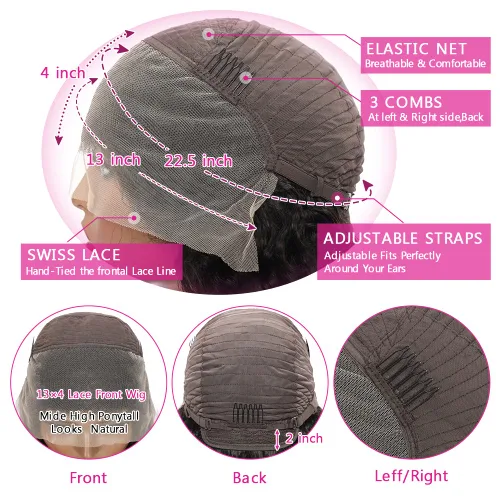 Vista 4 de Peluca de cabello humano ondulado con encaje frontal de 13 x 4 pulgadas y línea capilar con abuelitos, 150 % de densidad, sin pegamento, peluca