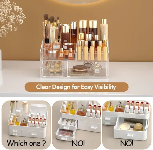 Vista 4 de Organizador de maquillaje para tocador, organizador de escritorio grande de acrílico con cajones, soporte de tocador ideal para cosméticos, lápices
