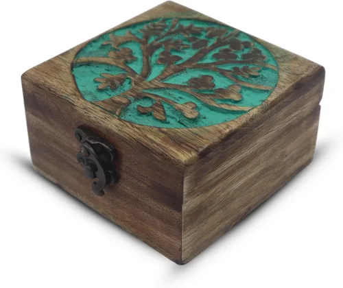 Vista 38 de Urna de madera antigua hecha a mano con grabado del árbol de la vida tallada a mano para mujeres y hombres, joyas Acentos de decoración del hogar