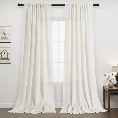 Vista 50 de Cortinas de lino verde aguamarina de 84 pulgadas de largo, juego de 2 paneles semitransparentes con bolsillo para barra para comedor, decoración