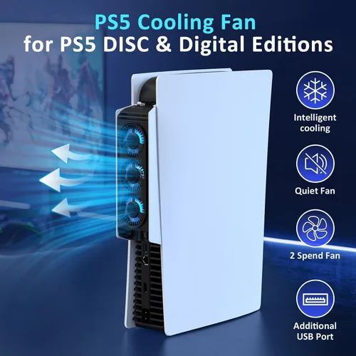 Vista 2 de Ventilador de refrigeración PS5, ventilador silencioso IINE con luz LED, sensor de temperatura automático, concentradores USB3.0, accesorios