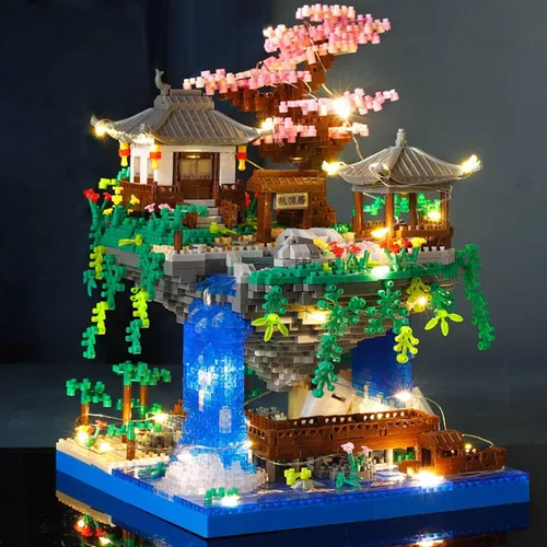 Vista 6 de Vziimo Juego de micro bloques de construcción de árbol bonsái de cerezo, arquitectura china, kits de estanque de flor de melocotón, árbol de sakura
