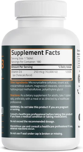 Vista 2 de Bronson Vitamina D3 10,000 UI (250 MCG) para función muscular saludable y apoyo inmunológico, sin OGM, 180 tabletas