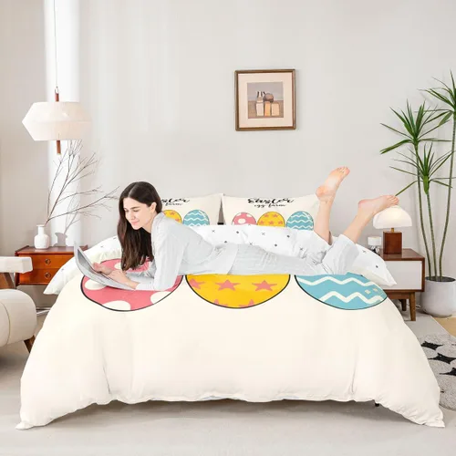 Vista 3 de jejeloiu Juego de ropa de cama de Pascua para niñas y niños, huevos de Pascua, juego de funda de edredón decorativa colorida para el día de Pascua