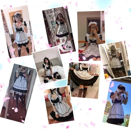 Vista 2 de Vestido de sirvienta de anime japonés para mujer, estilo clásico, elegante, delantal, con calcetines