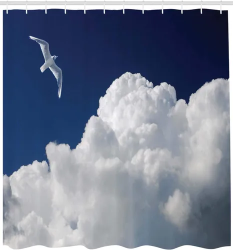 Vista 2 de Ambesonne Cortina de ducha de gaviotas, cielo nublado y gaviota voladora, imagen de meteorología de paisaje nublado, juego de decoración de baño