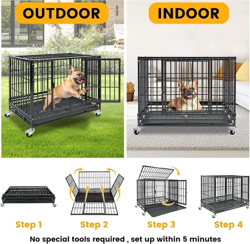 Vista 9 de Jaula apilable para perros de 36 pulgadas con ruedas con bloqueo, acceso superior, resistente e indestructible a prueba de escapes, jaula