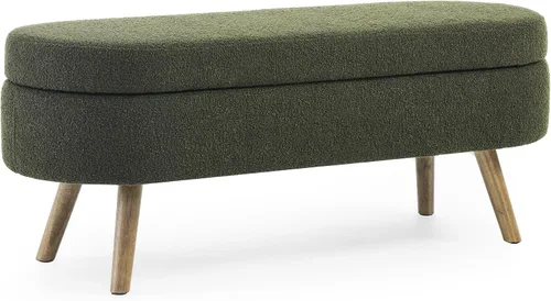 Vista 5 de Banco de almacenamiento ovalado otomano, taburete con patas de madera de goma para sala de estar, entrada y dormitorio (verde)
