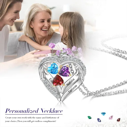 Vista 4 de lorajewel Collar personalizado con piedras natales simuladas en forma de corazón de familia grabado con nombres colgantes para abuela mamá esposa
