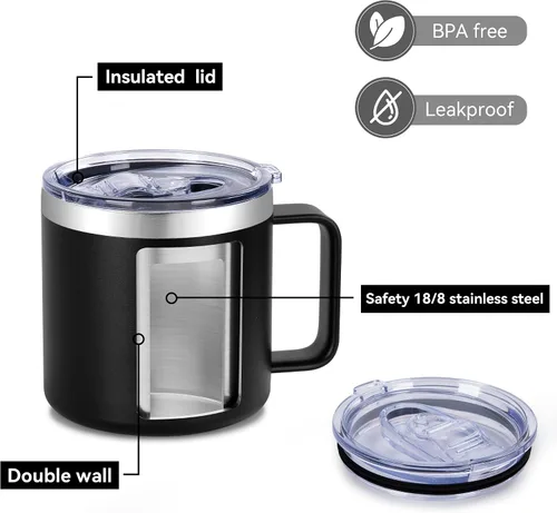 Vista 4 de VEGOND Taza de café aislada de 14 onzas con asa, taza de café de viaje de acero inoxidable con tapa, taza de café de metal al vacío de doble pared