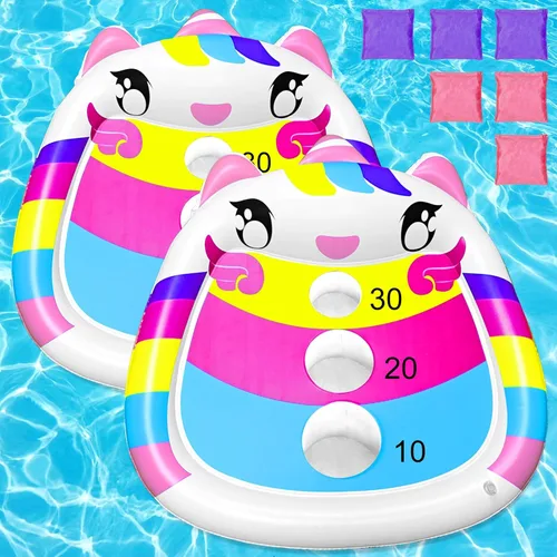 Vista 5 de Divertidos juguetes de piscina para niños, paquete de 2 tablas inflables de cornhole de rana flotante, juego de natación al aire libre para adultos