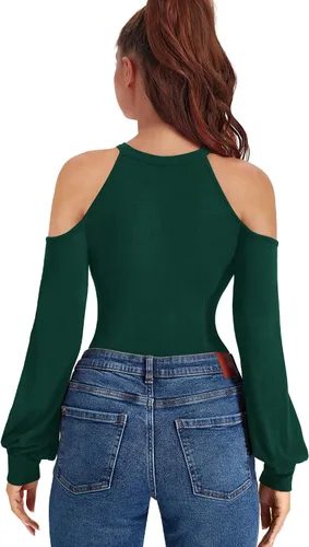 Vista 3 de HERLOLLYCHIPS Camisas acanaladas ajustadas de manga larga abombada para mujer