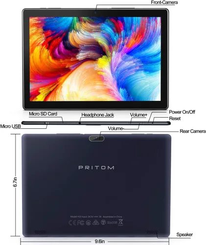 Vista 3 de PRITOM Tablet Android de 10 pulgadas, M10, tableta Android de 64 GB, pantalla táctil IPS HD de 10.1 pulgadas, GPS, FM, procesador de cuatro núcleos