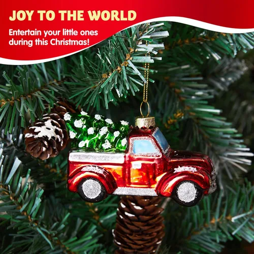 Vista 3 de Joiedomi Adornos Navideños Mini de Camión Rojo con Árbol, Adorno Pequeño y Divertido de Vidrio Soplado para Colgar en Árbol de Navidad, Decoraciones