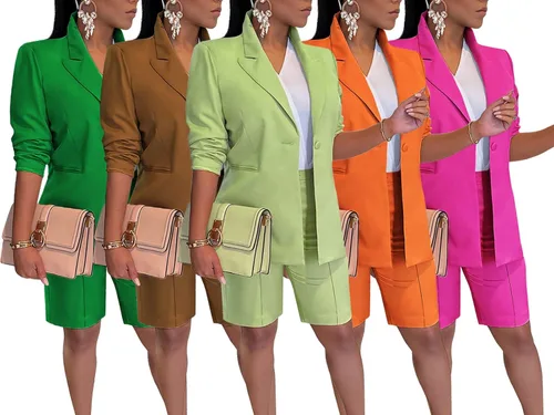 Vista 7 de Famnbro Conjunto de chaqueta de 2 piezas para mujer, con solapas, parte delantera abierta, chaqueta y pantalones cortos de bermudas