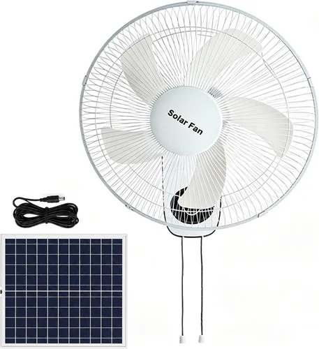 Vista 8 de Wall Mount Solar Fan for Patio, 16" Oscillating Fans, 3 Speeds Quiet Cooling, Solar Panel, Power Adapter, for Home, Garage, Fishing Black