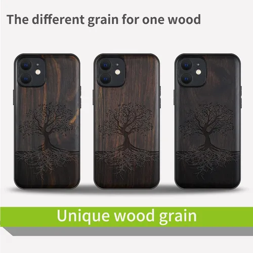Vista 7 de Carveit Funda de madera para iPhone 12, árbol con raíces - Blackwood) Blackwood-12