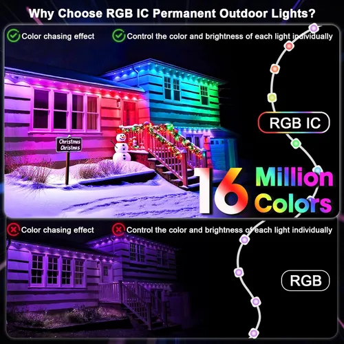 Vista 7 de Luces permanentes al aire libre Super RGB de 15,5 m, luces de cornisa RGB+IC inteligentes con control remoto por aplicación, LED de color individual