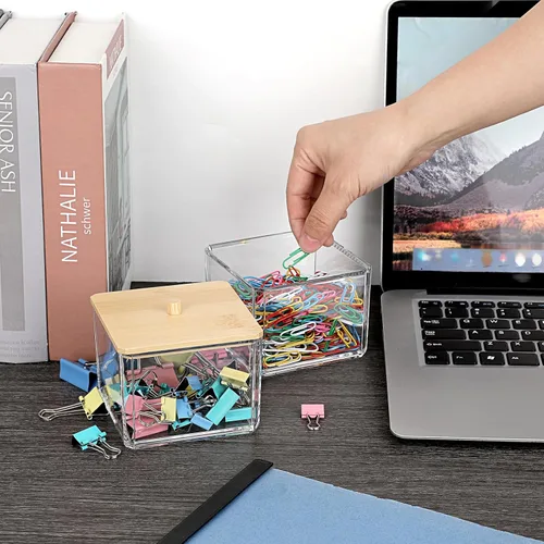 Vista 2 de BTSKY Organizador de clips de papel transparente apilable con tapa de bambú de 2 capas, caja de clips de papel, accesorio de oficina de acrílico