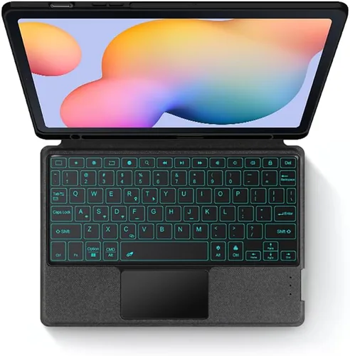Vista 2 de Funda de teclado para Samsung Galaxy Tab S6 Lite de 10.4 pulgadas 2024/2022/2020 con panel táctil, retroiluminación inteligente de 7 colores, funda
