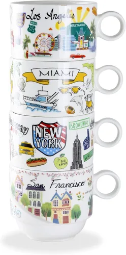 Vista 4 de Gracie China by Coastline Imports Juego de tazas de café apilables de porcelana de 4 piezas (Nueva York, San Francisco, Los Ángeles, Miami)