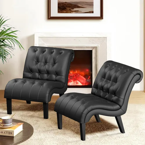 Vista 11 de Silla decorativa de piel sintética negra moderna con botones capitoné tapizada sin brazos para dormitorio, sala de estar con patas de madera Silla