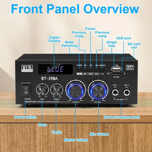 Vista 2 de Romica Amplificador de audio estéreo, 2 canales 450W+450W Bluetooth 5.0 amplificador de potencia de cine en casa con radio FM, USB, SD, entradas