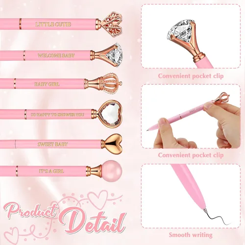 Vista 3 de Yeaqee 6 bolígrafos rosados, bolígrafos de metal con diamantes de cristal, pequeños y bonitos bolígrafos de tinta negra, regalos para mujeres, baby