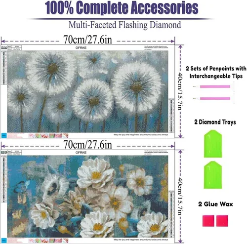 Vista 2 de Paquete de 2 Kits de Pintura de Diamantes, Grandes Kits de Pintura de Diamantes 5D DIY de Flor de Diente de León para Adultos, Arte y Manualidades