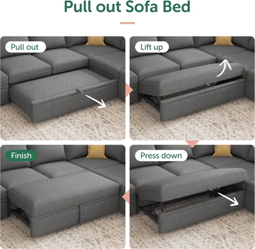 Vista 6 de HONBAY Sofá Seccional Cama con Cama Extraíble, Sofá en Forma de U con Almacenamiento, Sofás Seccionales Modulares para Sala de Estar, Gris Oscuro