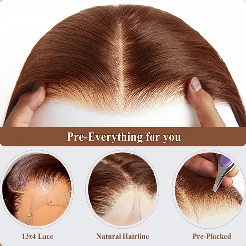 Vista 6 de Pelucas de cabello humano lacio tipo afro marrón con encaje frontal de 13 x 4, pelucas de cabello humano prearrancado con nudos invisibles, castaño