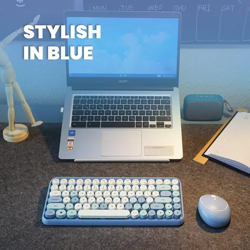 Vista 2 de Perixx PERIDUO-713BL Combo de Teclado y Ratón Inalámbrico Mini - Teclas Redondas Retro - Azul Pastel - Diseño de Teclado Inglés de EE. UU. (11909)