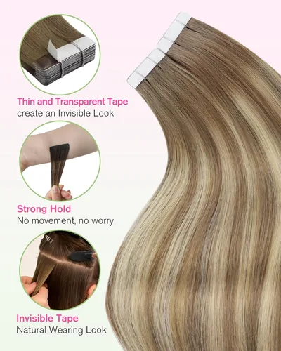 Vista 180 de YoungSee Extensiones de Cabello Humano con Cinta Balayage Extensiones de Cabello con Cinta Marrón Oscuro Extensiones de Cabello con Cinta Ombre