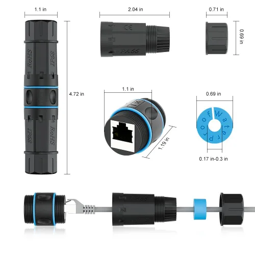 Vista 3 de iwillink Acoplador RJ45 impermeable Cat6, blindado hembra a hembra, 1 Acoplador de Ethernet impermeable, conector de cable LAN al aire libre