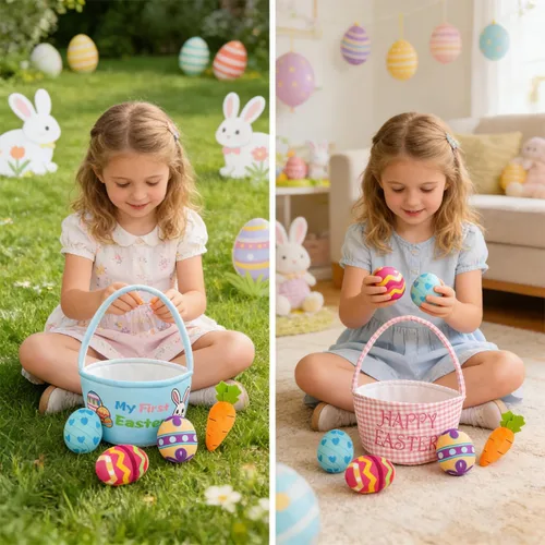 Vista 4 de Cesta de peluche de conejo de Pascua, paquete de 5 juguetes de peluche de zanahoria de huevo de Pascua, cestas de regalo para bebés, juguete de caza