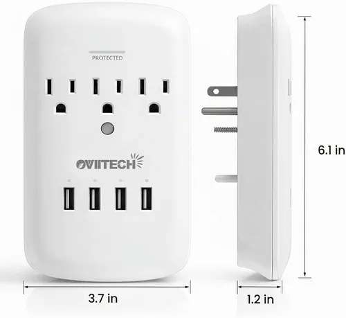 Vista 3 de Oviitech Adaptador de Montaje en Pared Multi Toma de Corriente con Protector Contra Picos de Corriente y 4 (4.2 AMP) Puertos USB de Carga, 3 Tomas
