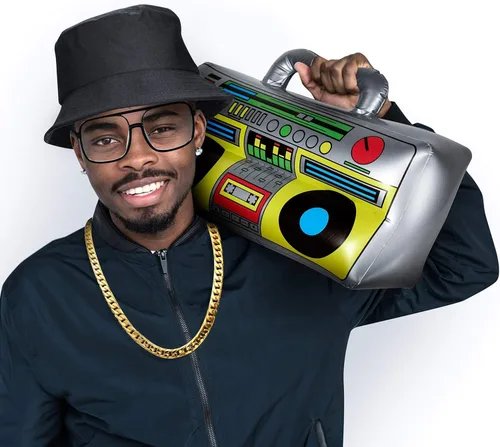 Vista 5 de 8 Piezas Hip Hop Traje Kit Inflable Boom Box Negro Cubo Sombrero Gafas De Sol Cadena Oro 80s90s Rapero Accesorios