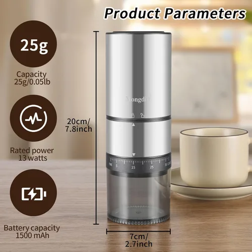 Vista 6 de Mongdio Molinillo de Granos de Café Eléctrico Portátil con 38 Configuraciones Ajustables, Molinillo de Café Eléctrico de Rebaba con Núcleo de Acero