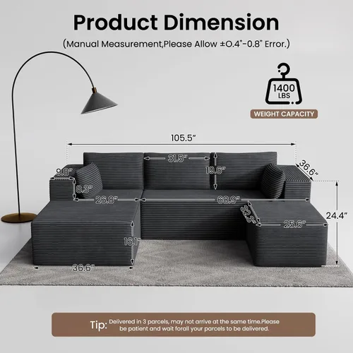Vista 2 de Sofás seccionales sin hueso de 106 pulgadas para sala de estar, sofá modular en forma de U con asiento profundo, otomana extraíble, sofá de 4 plazas