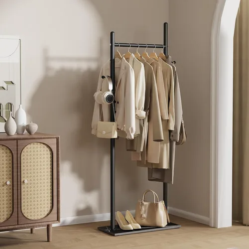 Vista 3 de Nianerfaya Perchero con 2 ganchos, almacenamiento de ropa de pie para interiores, perchero para colgar ropa para dormitorio, perchero de metal