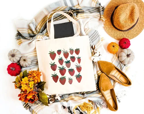 Vista 3 de Bolsa de lona de fresa para mujer, estética, reutilizable, bolsa de hombro para compras, viajes, regalo para niñas