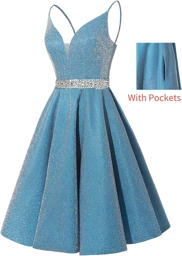 Vista 2 de Yexinbridal Vestido corto de satén con tirantes delgados con cuello en V con cuentas para fiesta de noche