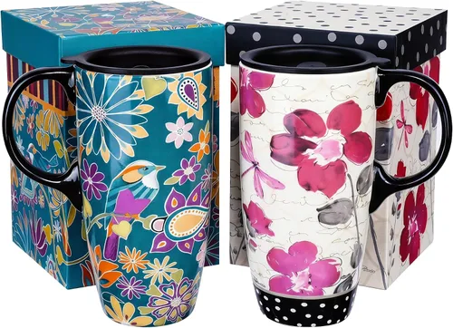 Vista 11 de Topadorn Taza de café de cerámica alta de viaje de 17 onzas con tapa sellada, juego de 2 Colorido diseño floral y de pájaros, apto para microondas