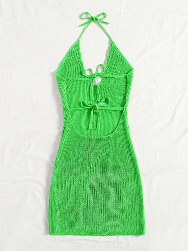 Vista 2 de MakeMeChic Vestido de playa sin mangas con lazo en la espalda para mujer