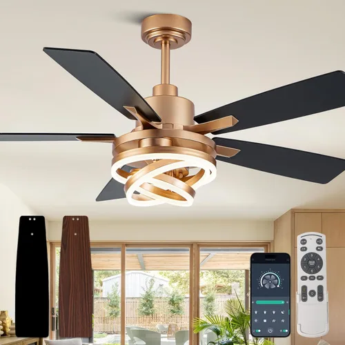 Vista 11 de Ventilador de techo moderno negro de 52 pulgadas con luces