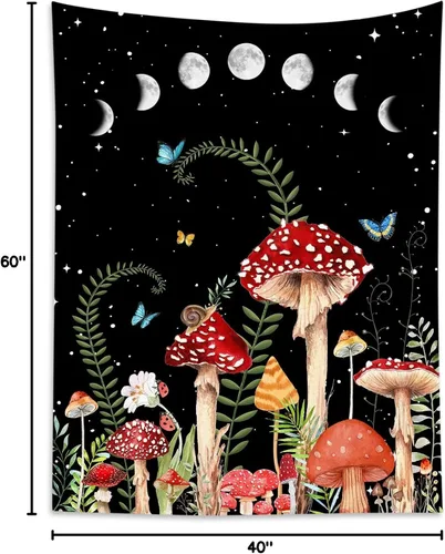 Vista 9 de HVEST Tapiz de hongos para colgar en la pared, tapiz bohemio de plantas y mariposas, noche con fase lunar y estrella, decoración de pared