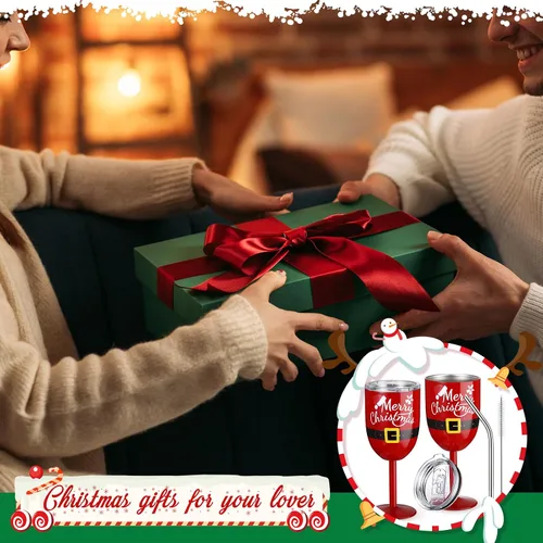Vista 7 de Ziliny 4 copas de vino de Navidad de 10 onzas con tallo de acero inoxidable con tapas, cinturón de Papá Noel, copas irrompibles de doble pared